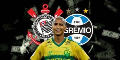 Deyverson, escudos Grêmio e Corinthians (Foto - Montagem TV Foco).