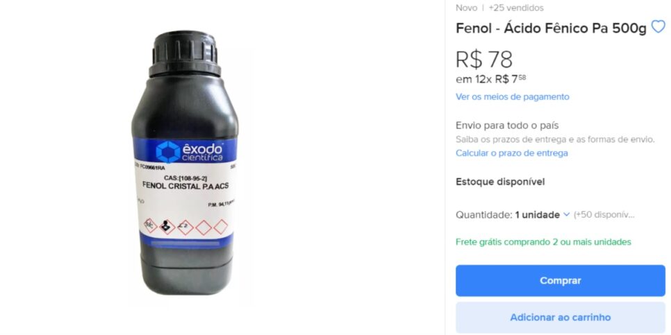 Fenol sendo vendido no Mercado Livre (Foto: Reprodução/ Mercado Livre)