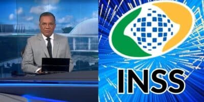 Heraldo Pereira no Jornal Nacional e logo do INSS (Fotos: Reproduções / Globo / Internet / Canva)