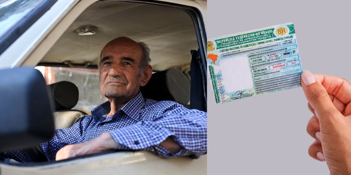 Idoso dirigindo em carro e pessoa segurando CNH (Fotos: Reproduções / Canva / Freepik)