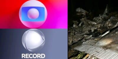 Logo da Globo, Record e destroços de avião (Fotos: Reproduções / GloboPlay / Record)