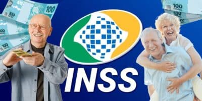 Notas de cem reais, logo do INSS e senhores e senhora felizes  (Fotos: Reproduções / Internet / Canva)