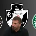 Pedrinho e escudos do Grêmio, Palmeiras e Vasco   (Foto - Montagem TV Foco).