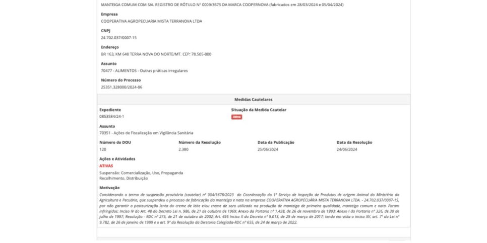 Proibição lote de manteiga da Coopernova (Foto: Reprodução / site oficial)