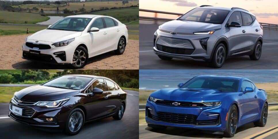 Kia Cerato, Chevrolet Cruze, Chevrolet Bolt e Chevrolet Camaro (Reprodução/Internet)