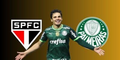 Veiga e escudos de São Paulo e Palmeiras (Foto - Montagem TV Foco).