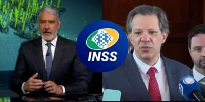 William Bonner no Jornal Nacional, logo do INSS e Fernando Haddad (Fotos: Reproduções / Globo / Internet)