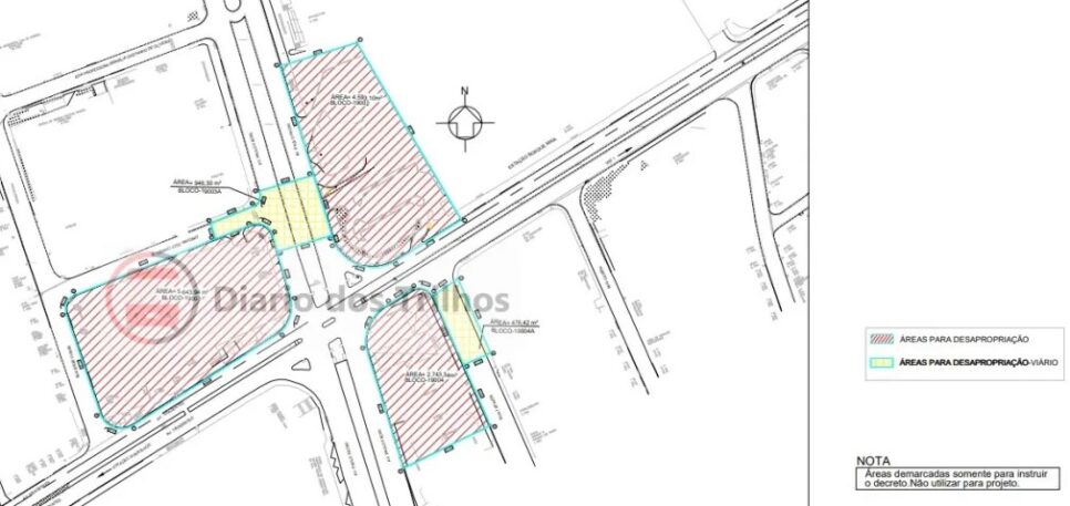 Áreas para desapropriação conforme decreto do Governador de SP (Foto: Reprodução / Diário dos Trilhos)