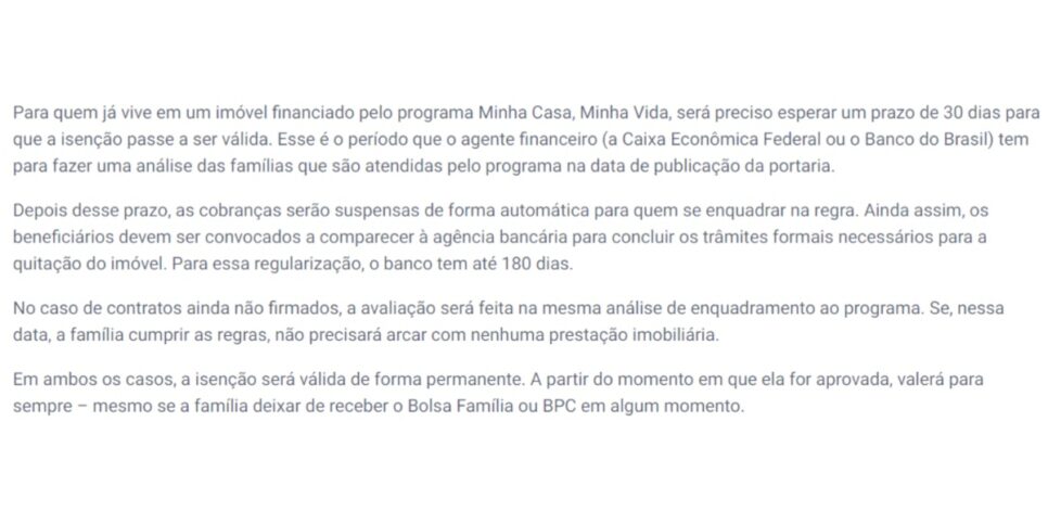 Comunicado do Serasa de como funciona a isenção de parcelas do Minhas Casa, Minha Vida - (Foto: Reprodução / internet)