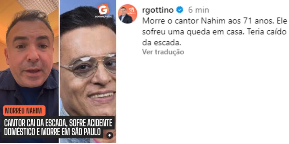 Gottino confirmou a morte de Nahim (Reprodução: Instagram)