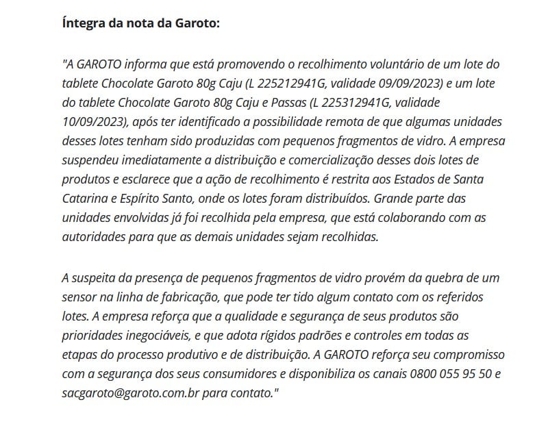 Nota oficial da Garoto (Foto: Reprodução / G1)