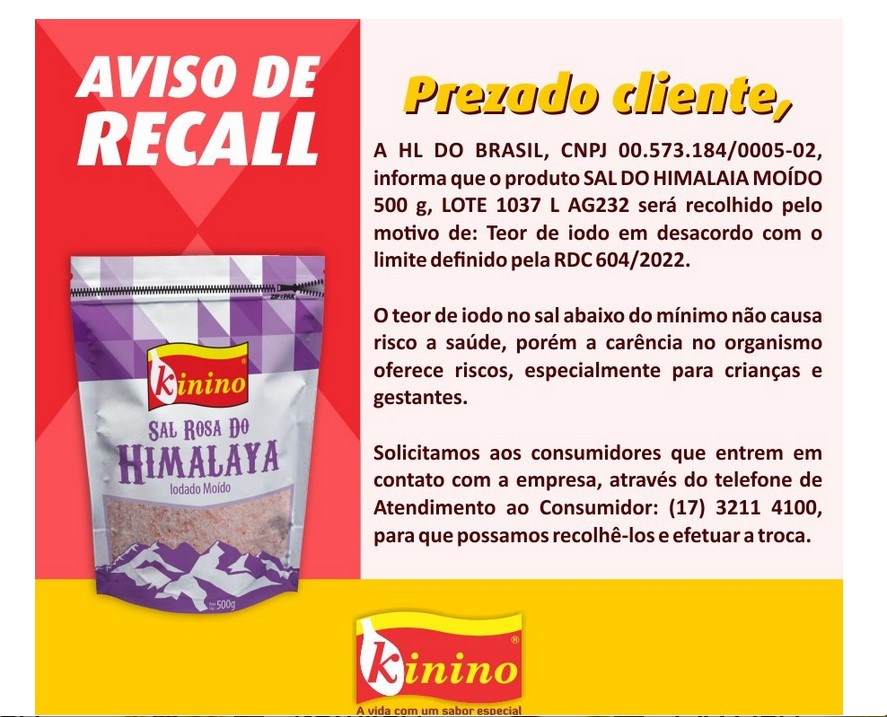 Recall da marca de Sal Rosa do Himalaia Iodado Moído, marca Kinino (Reprodução: Site da Empresa)