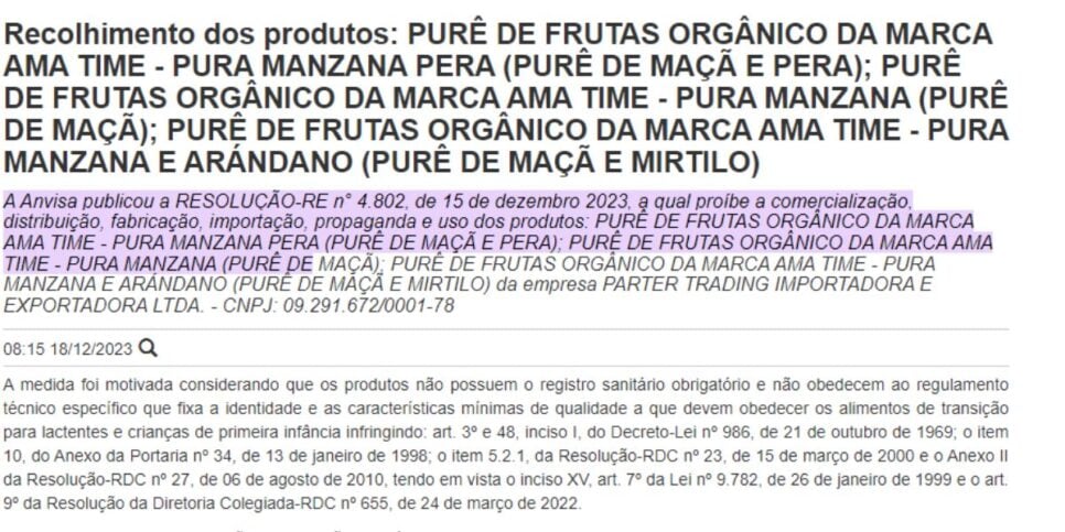 Comunicado da Anvisa contra o purê de frutas (Reprodução: Anvisa)