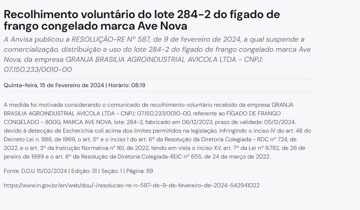 Anúncio de recolhimento da Granja Brasília pela ANVISA (Foto Reprodução/Vigilância Sanitária)