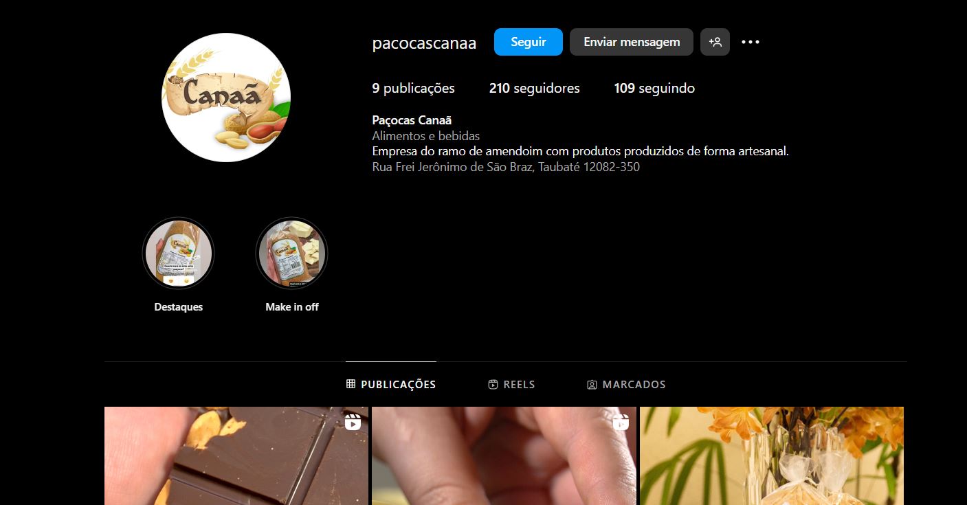 Perfil da empresa Paçoca Canaã (Foto Reprodução/Instagram)