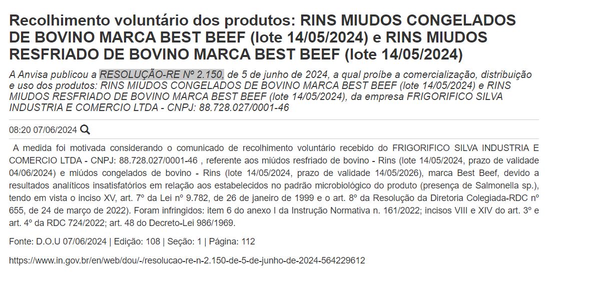 Resolução da ANVISA contra a marca Best Beef, em Junho de 2024 (Foto Reprodução/Montagem/ANVISA)