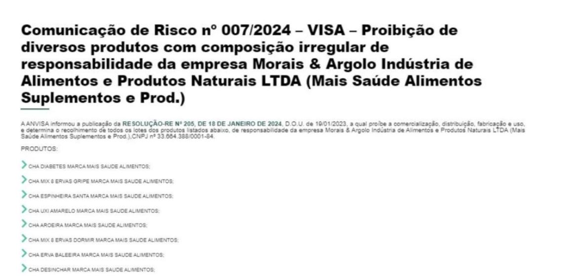 Decreto da ANVISA contra 8 linhas de chá da marca Mais Saúde Alimentos e Suplementos (Foto Reprodução/VISA)