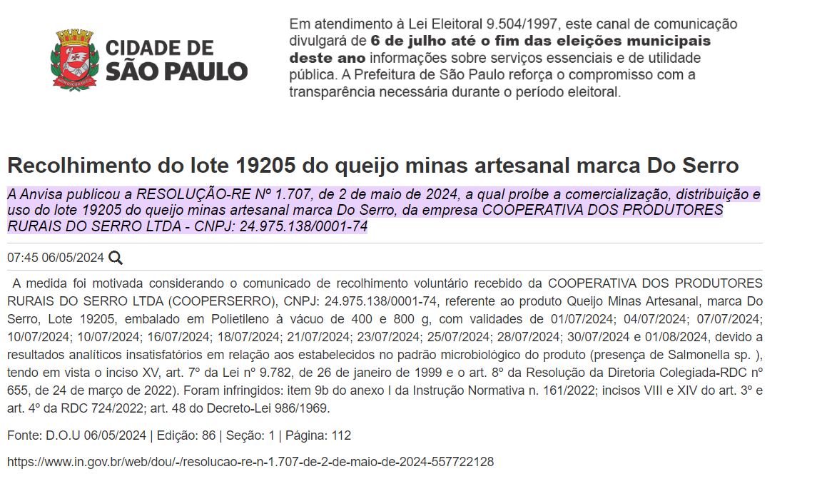 Resolução da ANVISA contra a CooperSerro (Foto Reprodução/ANVISA)