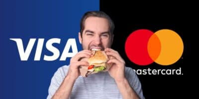 Logo Visa, homem comendo e logo Mastercard (Fotos: Reproduções / Internet / Canva)