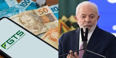 Notas de cem e cinquenta reais, aplicativo FGTS e Lula (Fotos: Reproduções / Internet / Mateus Bonomi / Estadão Conteúdo)