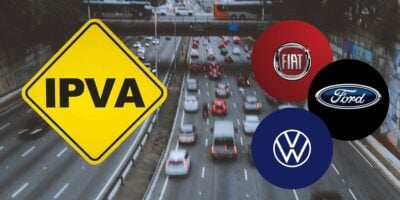 Placa IPVA, logo da Fiat, Ford e Volkswagen, e carros em estrada (Fotos: Reproduções / Canva / Internet)