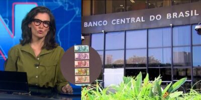 Renata Vasconcellos no Jornal Nacional, cédulas do Real e Banco Central (Fotos: Reproduções. / Globo)