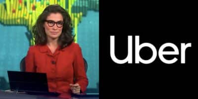 Renata Vasconcellos no Jornal Nacional e logo da Uber (Fotos: Reproduções / Globo / Internet)