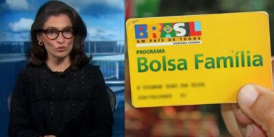 Renata Vasconcellos no Jornal Nacional e pessoa segurando cartão do Bolsa Família (Fotos: Reproduções / Globo / Divulgação)