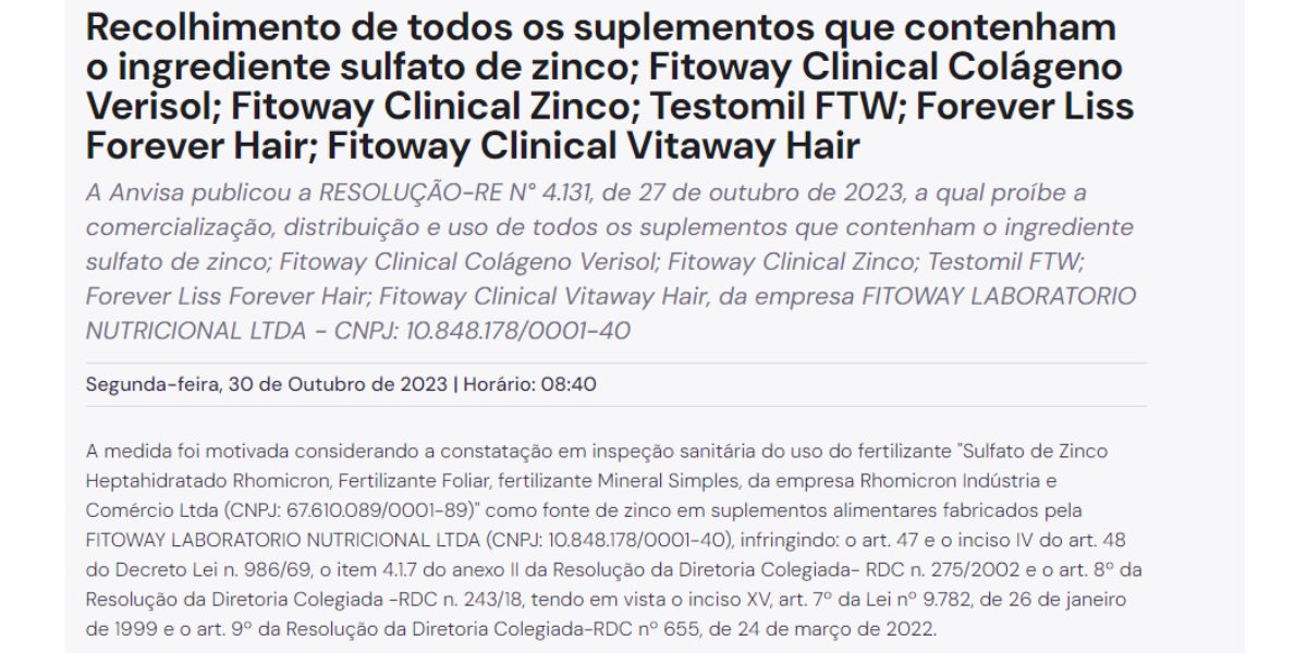 Comunicado da Anvisa contra a Fitoway (Reprodução: Internet)