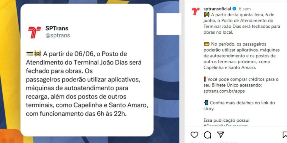 Comunicado oficial da SPTrans (Reprodução: Instagram)