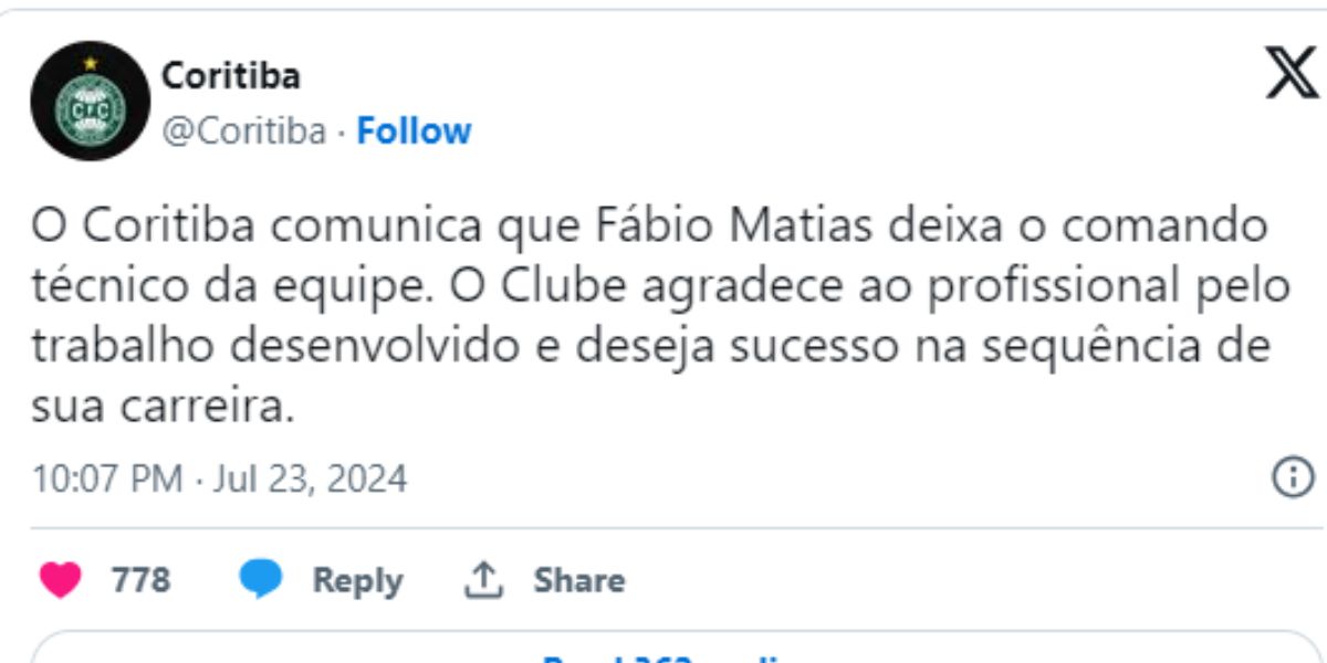 Comunicado oficial da demissão (Reprodução: X)