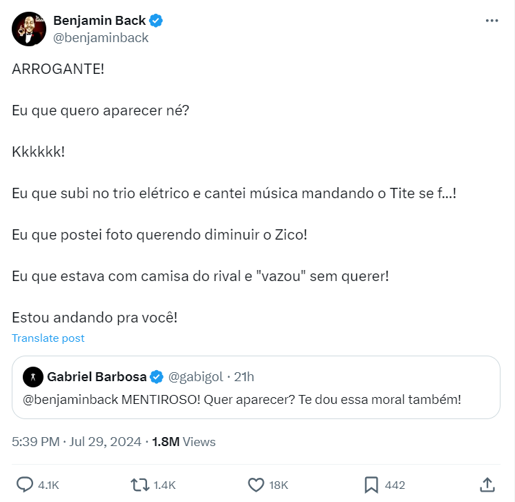 Benjamin Back rebate Gabigol nas redes sociais - (Foto: Reprodução / X)