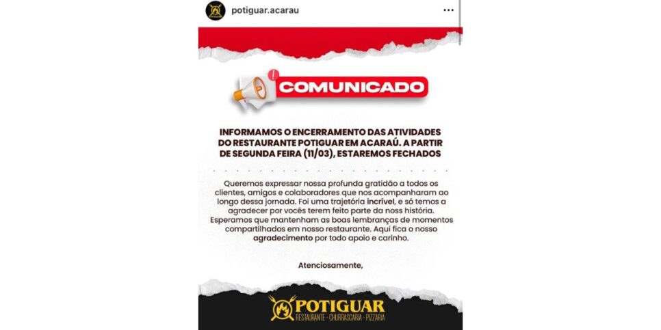 Comunicado do restaurante (Foto: Instagram)