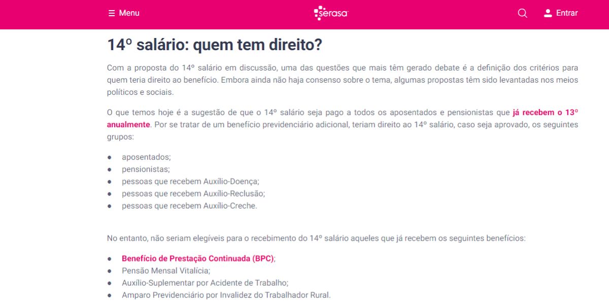 Serasa revelou quem receberia o 14° salário (Reprodução: Serasa)