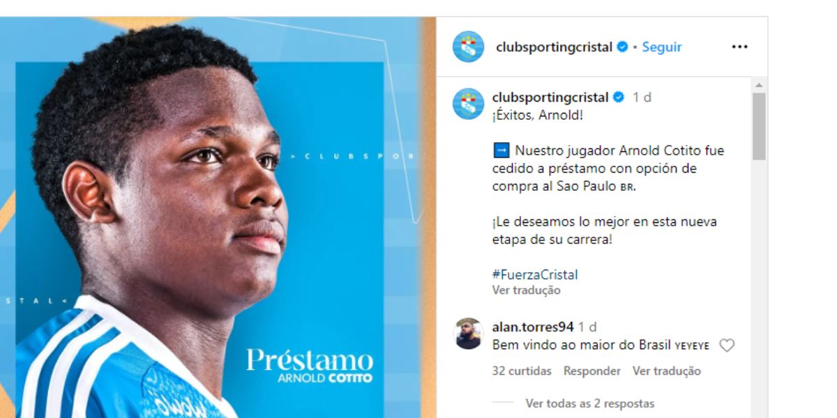 Anúncio do Sporting Cristal sobre saída do craque (Reprodução: Instagram)