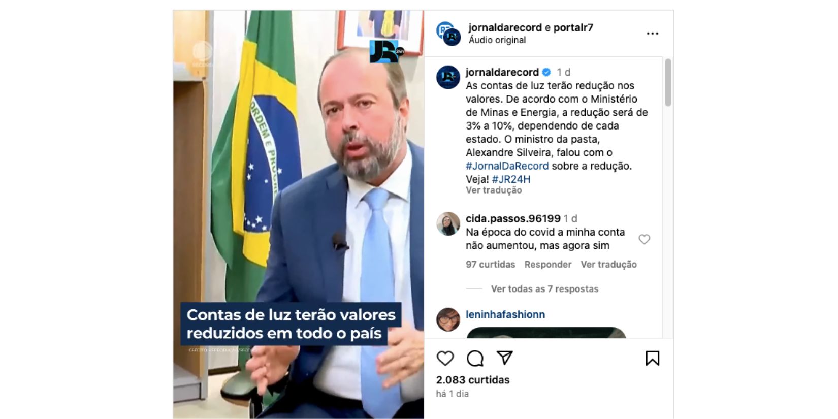 Alexandre Silveira durante entrevista para o Jornal da Record (Foto: Reprodução / Instagram)