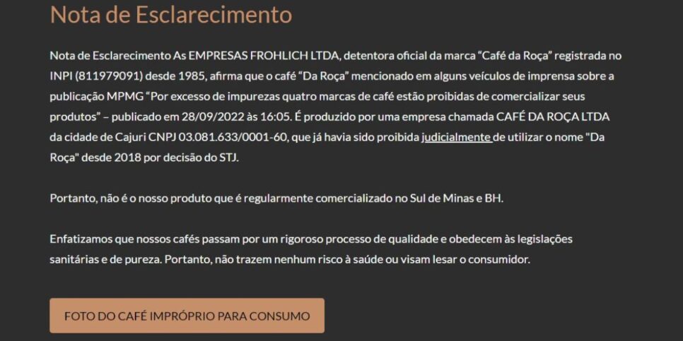 Nota de esclarecimento da Frohlich, detentora oficial da marca “Café da Roça” (Foto Reprodução/Site Oficial)