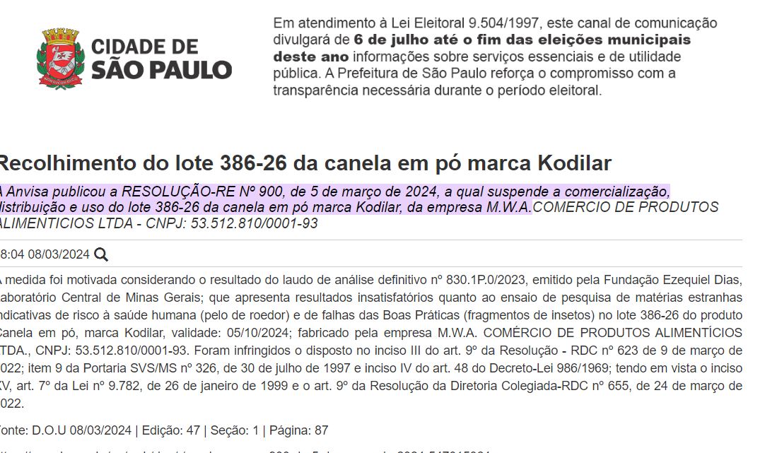 Resolução da ANVISA contra a Kodilar (Foto Reprodução/Vigilância Sanitária)