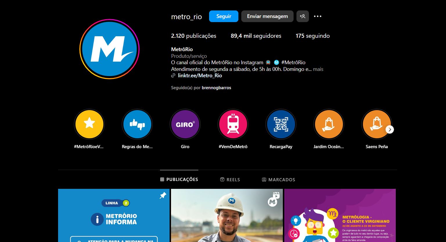 Instagram oficial do Metrô Rio (Foto Reprodução/Instagram)
