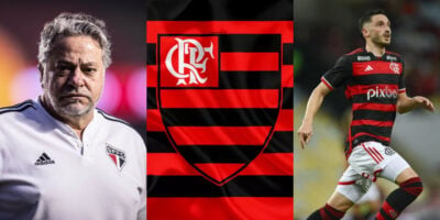 Casares, escudo do Flamengo e Viña (Foto: Victor Monteiro/W9 PRESS/Gazeta Press/ Marcelo Cortes / Flamengo)