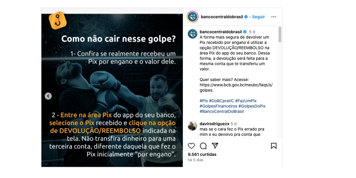 Comunicado do Banco Central sobre golpe do PIX (Foto: Reprodução / Instagram)