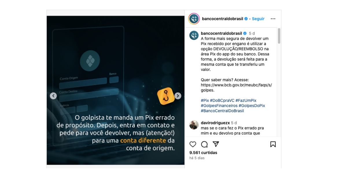 Comunicado do Banco Central sobre golpe do PIX (Foto: Reprodução / Instagram)