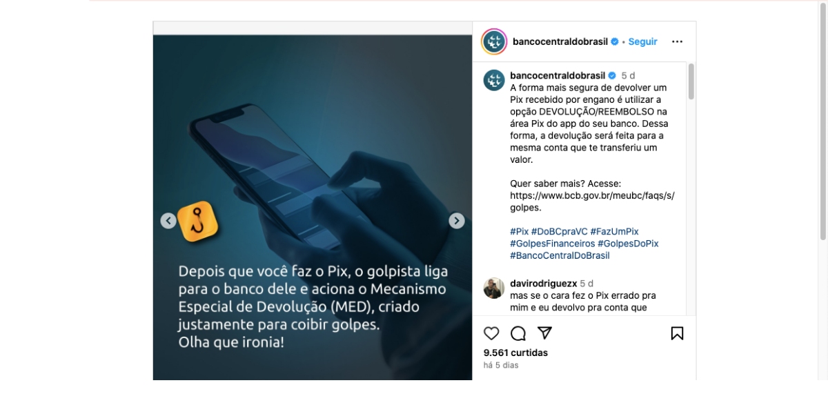 Comunicado do Banco Central sobre golpe do PIX (Foto: Reprodução / Instagram)