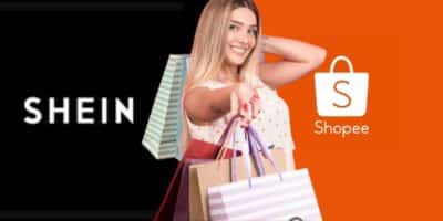 Logo Shein, mulher com sacolas de compra e logo Shopee (Fotos: Reproduções / Internet / Freepik)