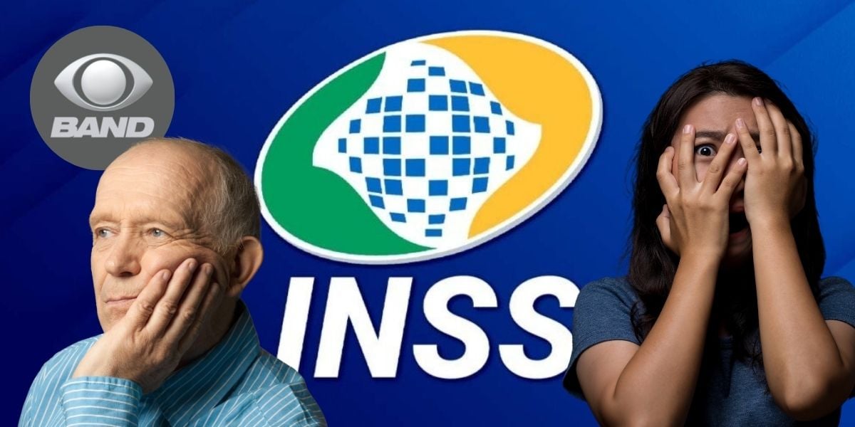 Logo do INSS, Band, idoso pensando e mulher assustada (Fotos: Reproduções / Internet / Canva)