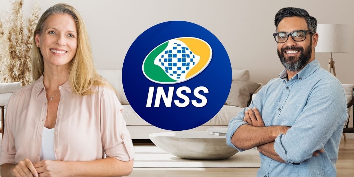 Logo do INSS, mulher e homem em sala (Fotos: Reproduções / Internet / Canva)