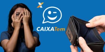 Mulher aterrorizada, logo do Caixa Tem e carteira sem dinheiro (Fotos: Reproduções / Internet / Canva)