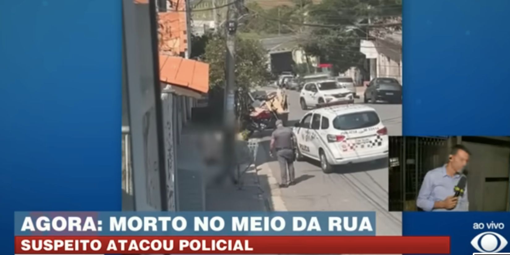 Polícia e homem baleado (Foto: Reprodução / Band)