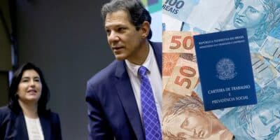 Simone Tebet, Fernando Haddad, notas de cem e cinquenta reais e carteira de trabalho (Fotos: Reproduções / Adriano Machado/Reuters / Canva)