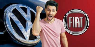 Volkswagen, homem feliz e logo da Fiat (Fotos: Reproduções / empresas / Canva)